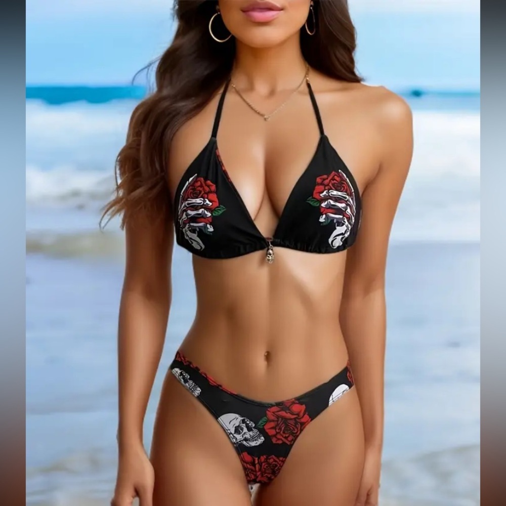NWT Unbranded black, skull print bikini with red & white roses. Sz. Medium.